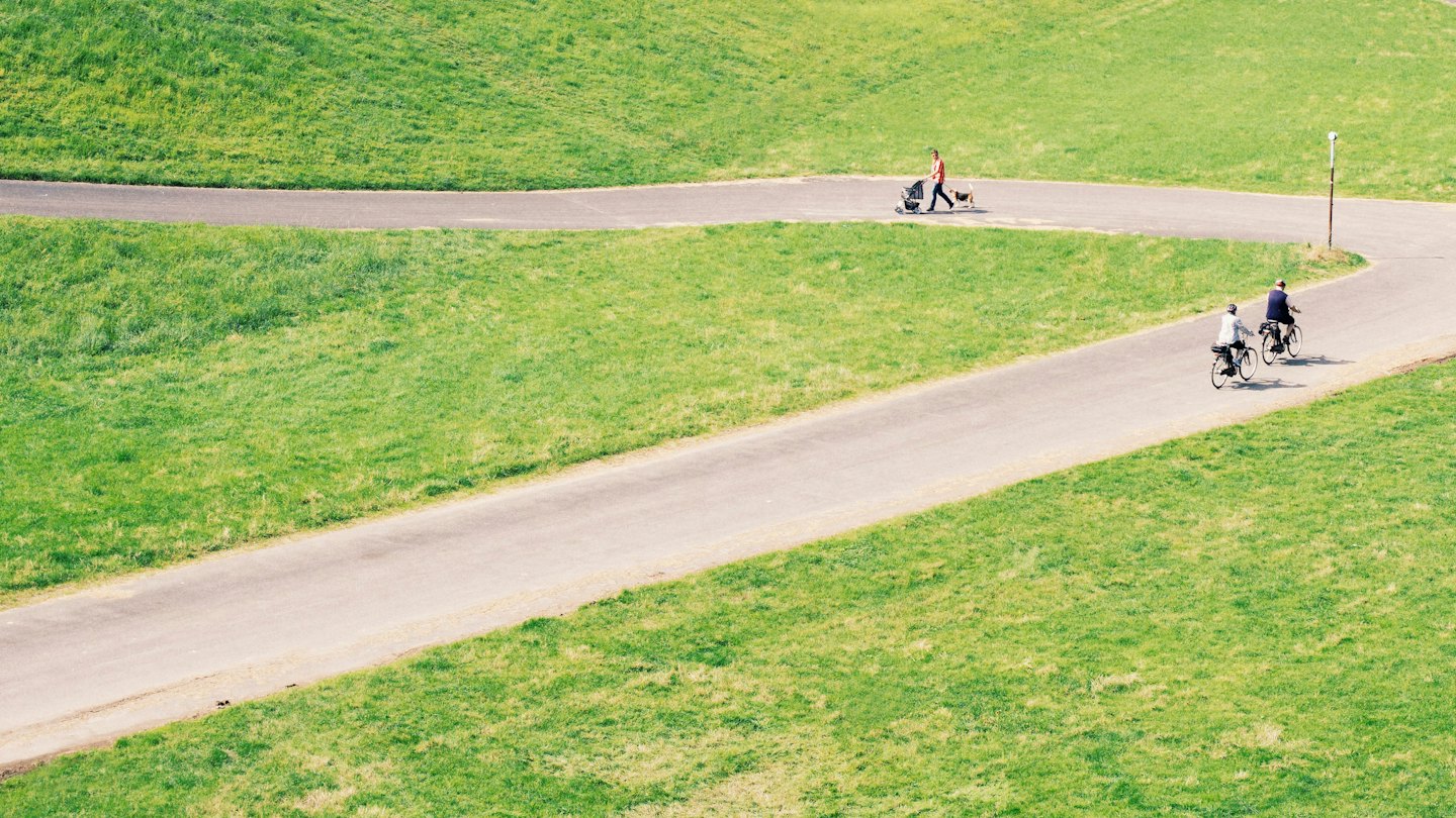 People walking, cycling, and pushing strollers on park paths.