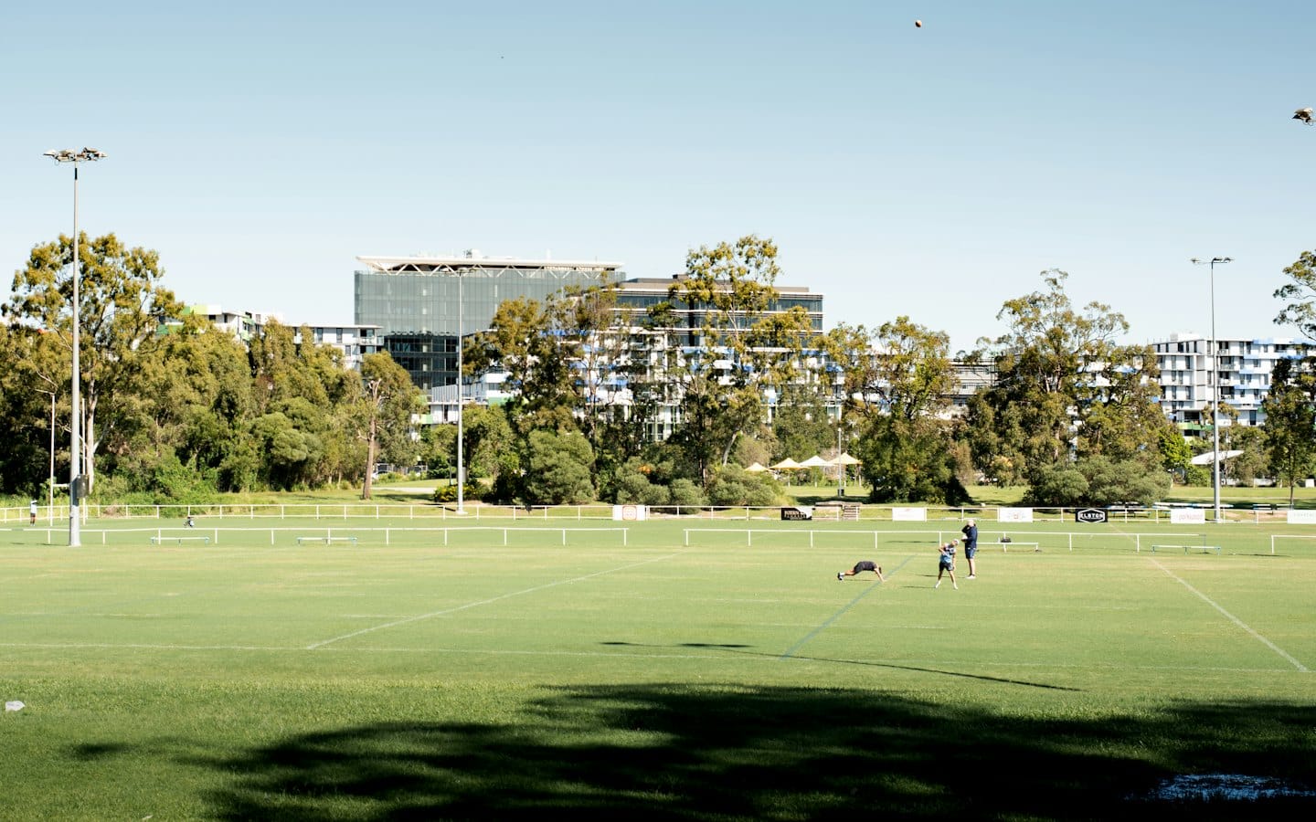 People play sports on a large green field near city buildings.